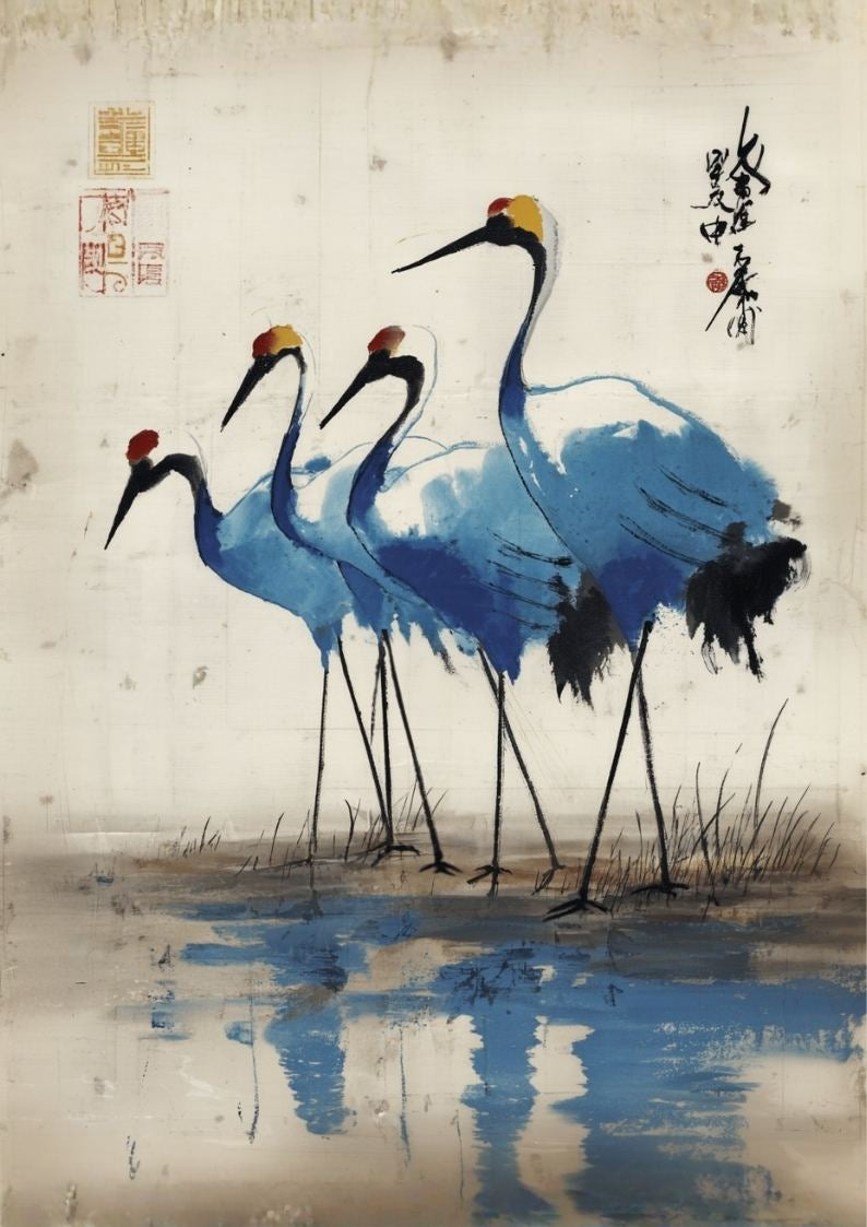 Cranes Reflection Poster – Serene Japanese Water Art Print