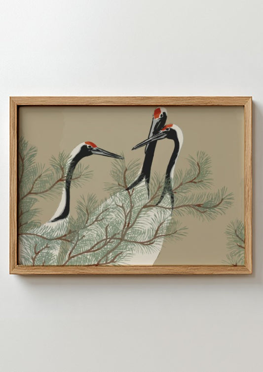 A framed drawing titled 'Cranes (1909)' by Kamisaka Sekka, featuring three cranes amidst pine branches in a