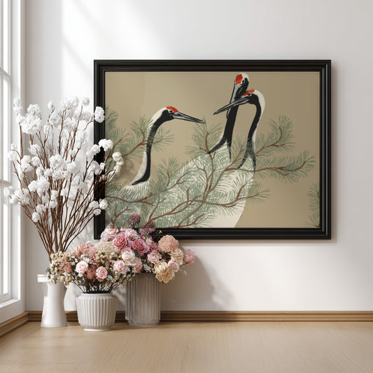 A framed drawing titled 'Cranes (1909)' by Kamisaka Sekka, featuring three cranes amidst pine branches in a