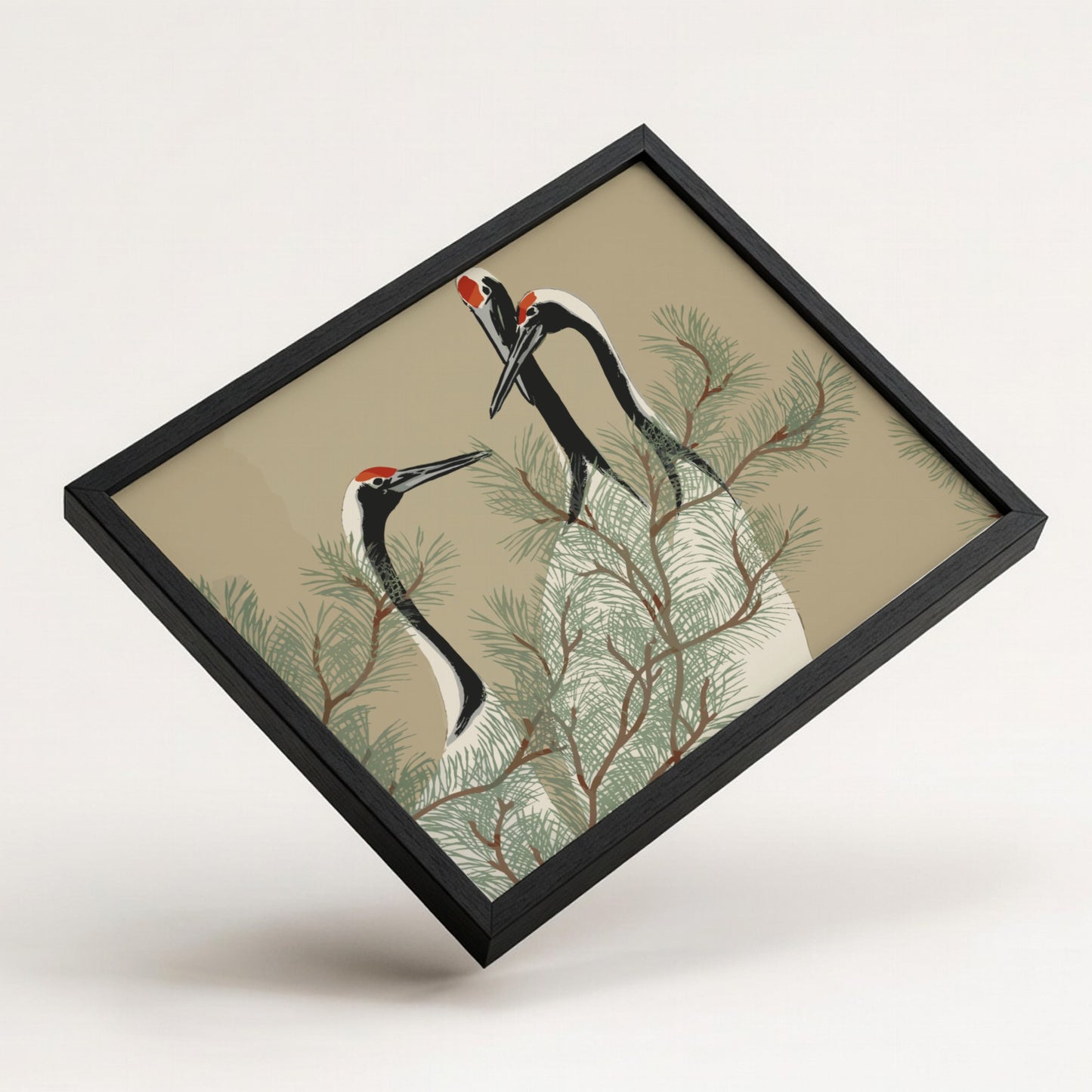 A framed drawing titled 'Cranes (1909)' by Kamisaka Sekka, featuring three cranes amidst pine branches in a
