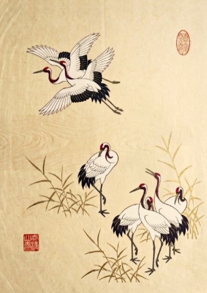 Japanese art style poster featuring cranes in a reed field with soft earth tones