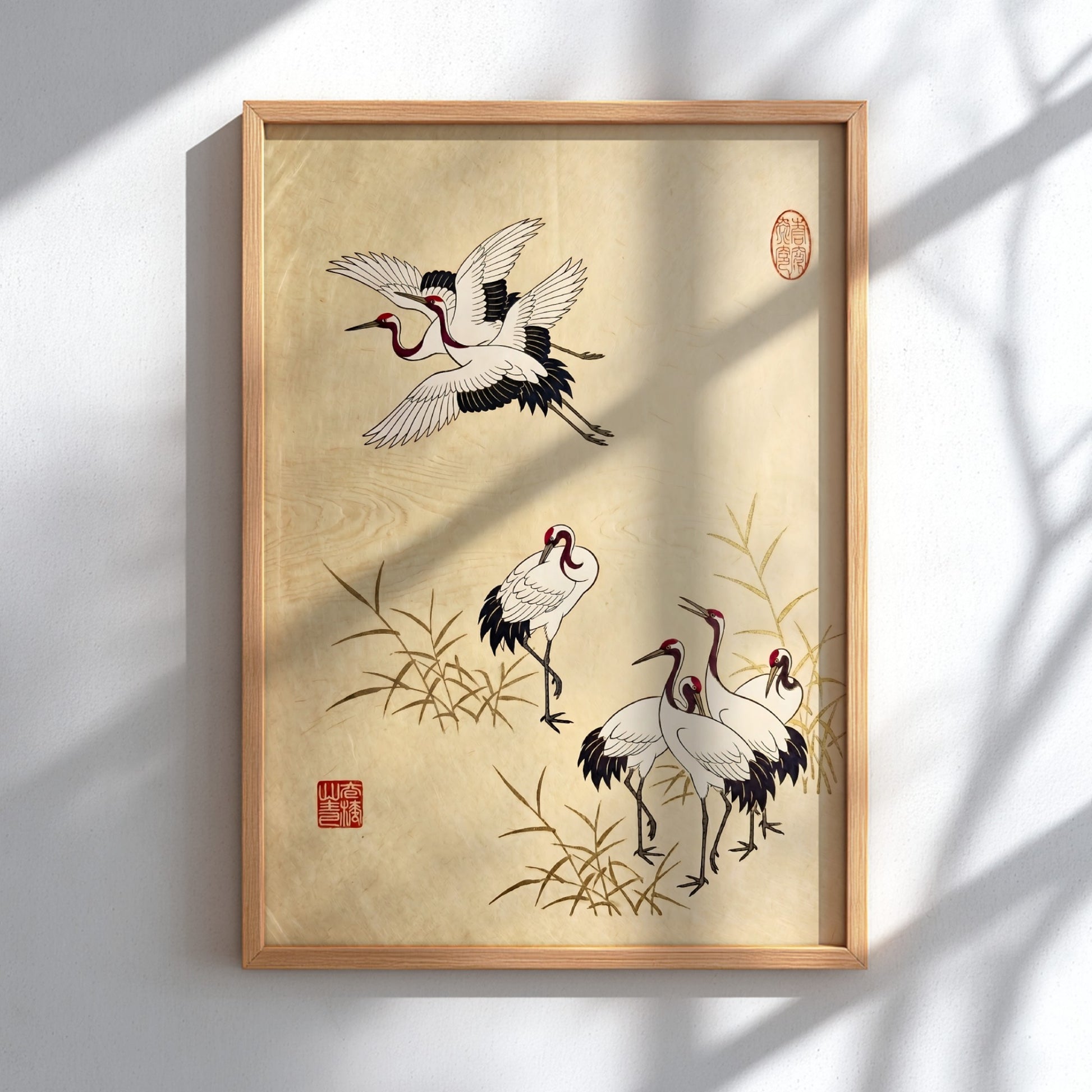 Japanese art style poster featuring cranes in a reed field with soft earth tones