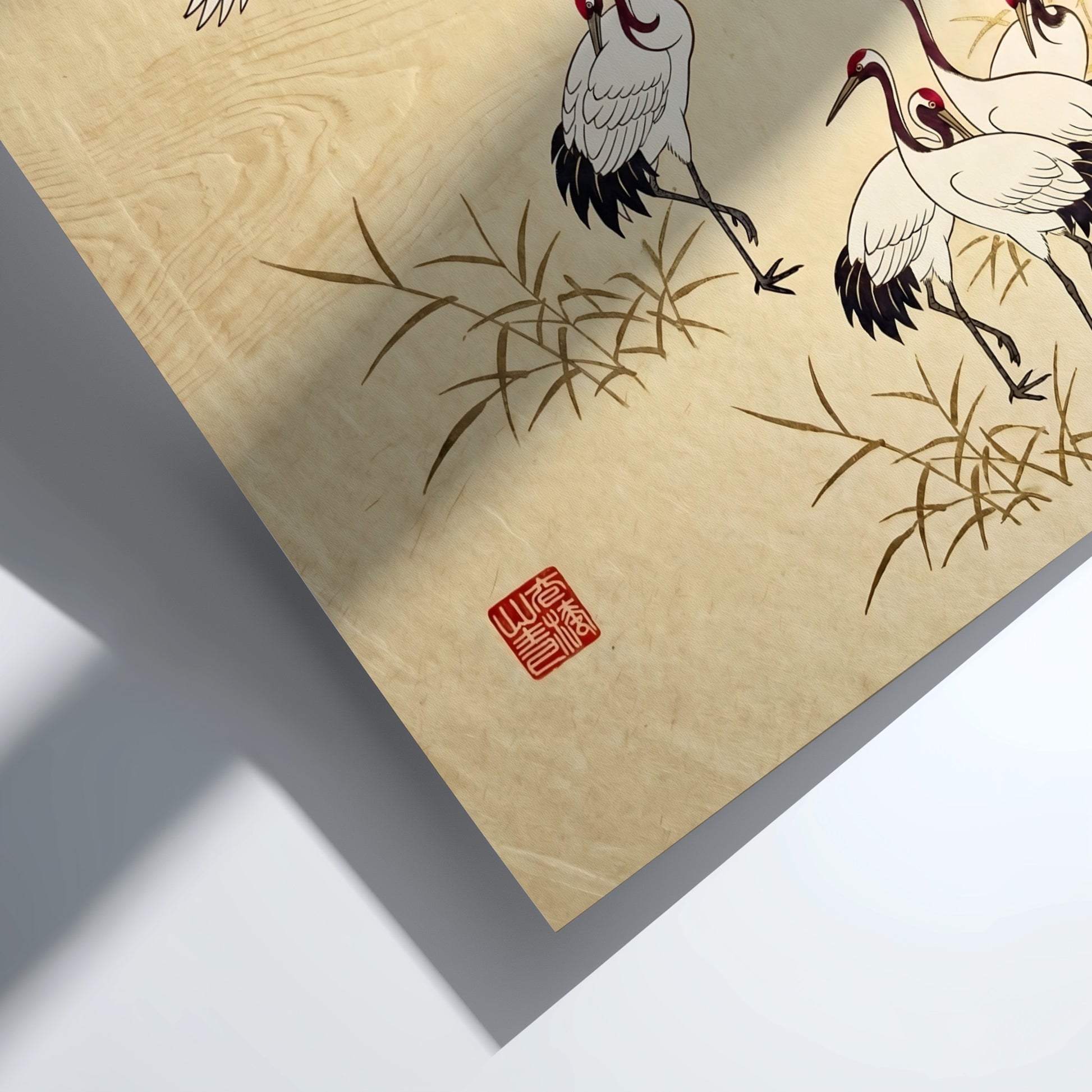 Japanese art style poster featuring cranes in a reed field with soft earth tones