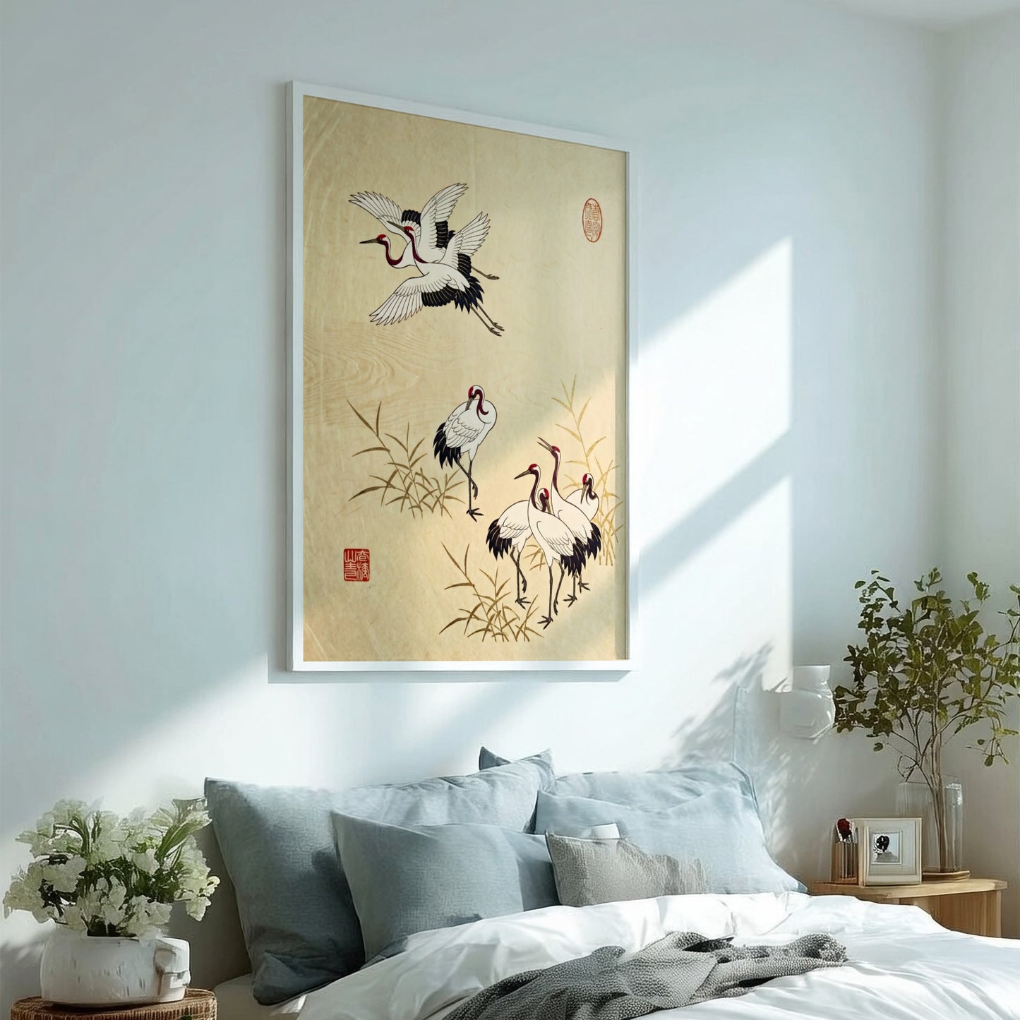 Japanese art style poster featuring cranes in a reed field with soft earth tones