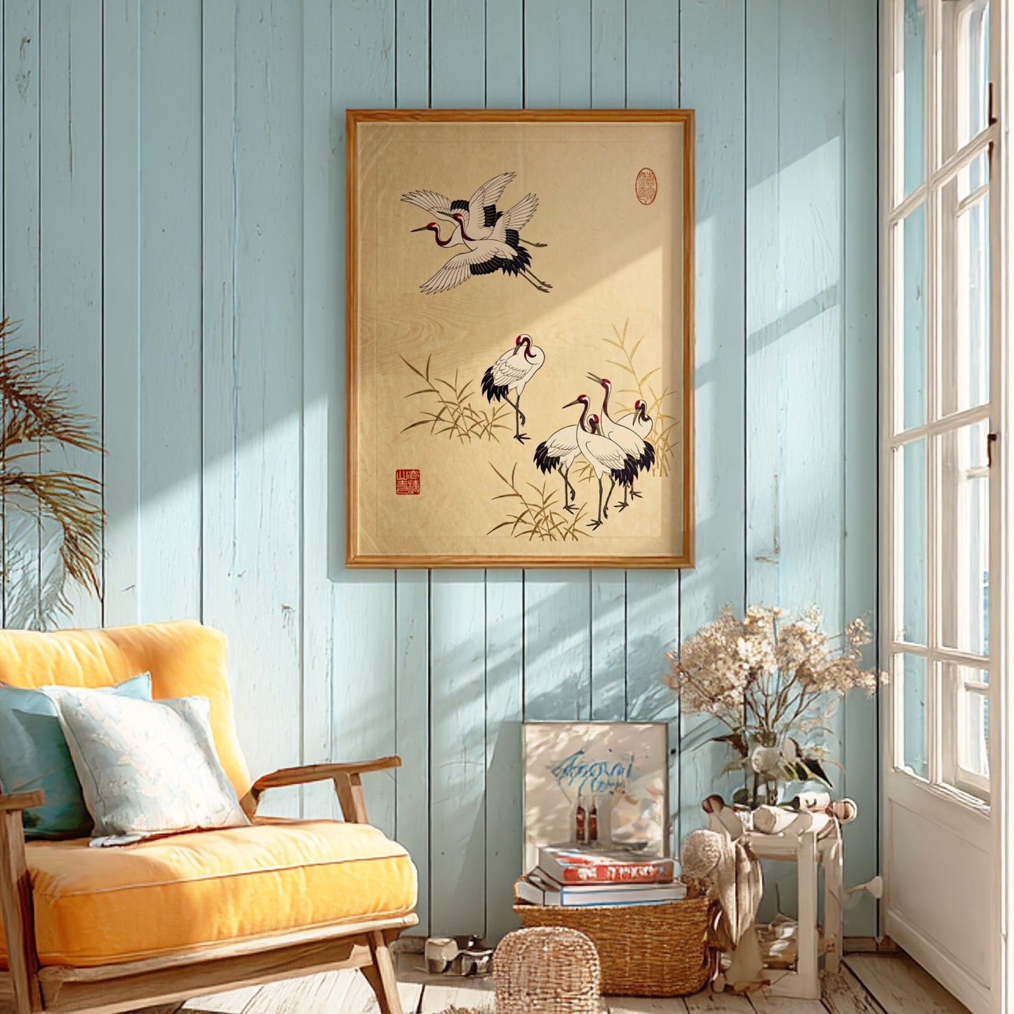 Japanese art style poster featuring cranes in a reed field with soft earth tones