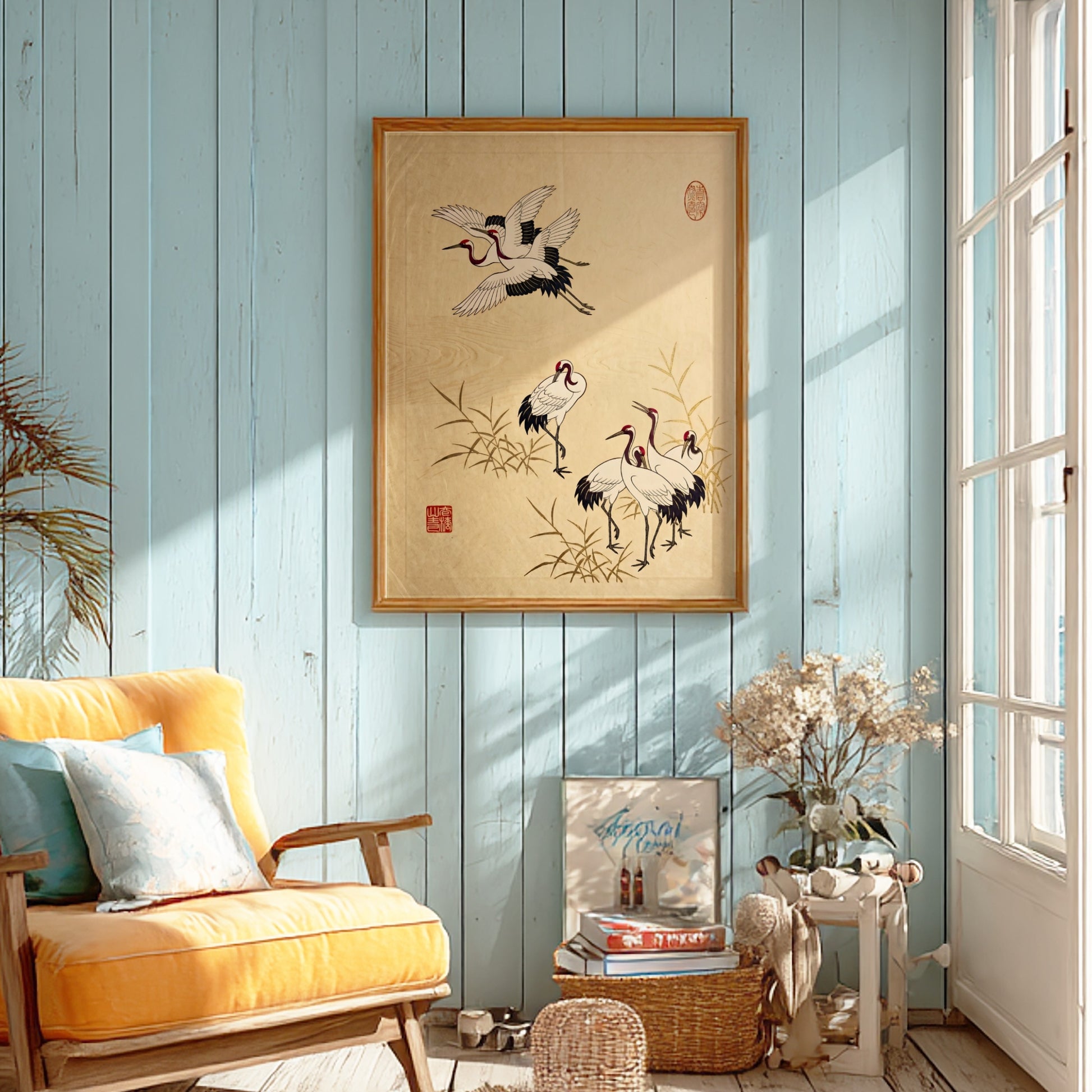 Japanese art style poster featuring cranes in a reed field with soft earth tones