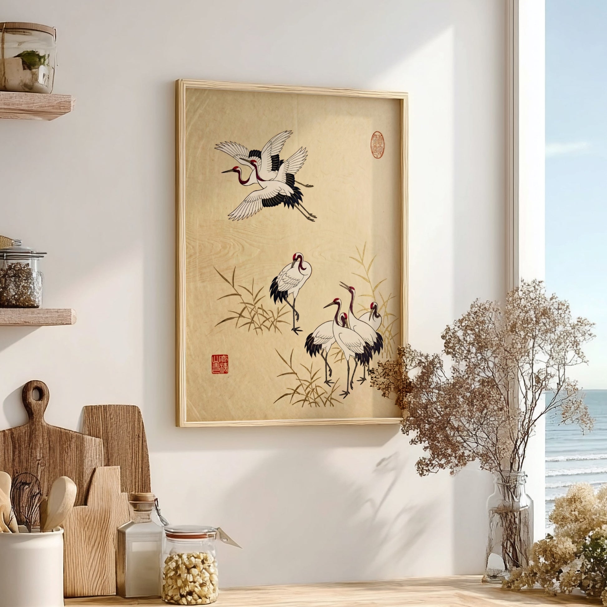 Japanese art style poster featuring cranes in a reed field with soft earth tones