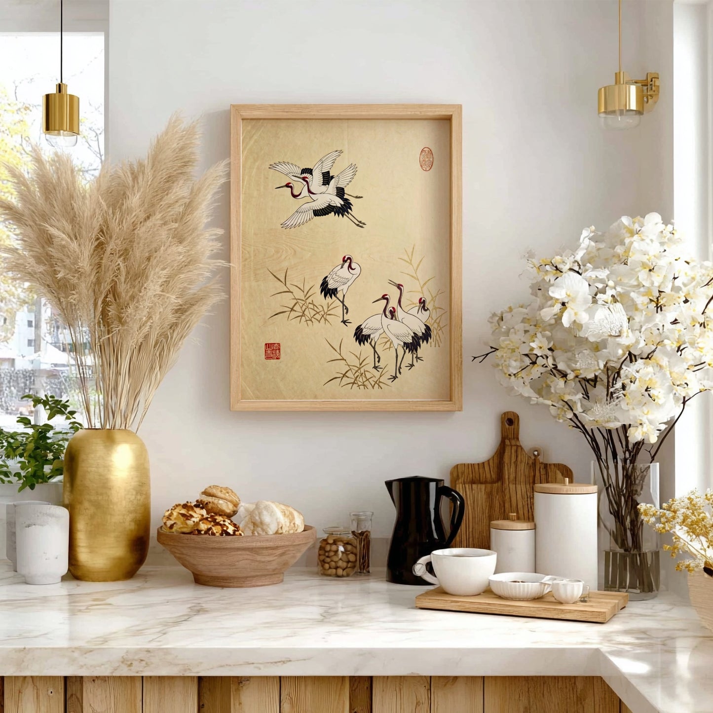 Japanese art style poster featuring cranes in a reed field with soft earth tones