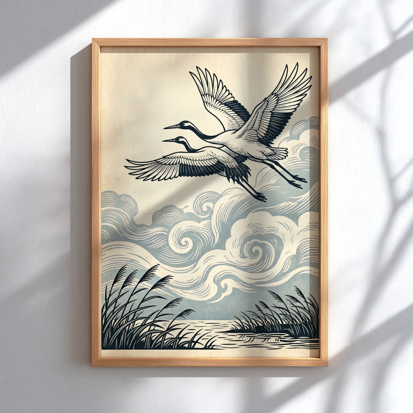 Japanese art style poster featuring cranes flying among clouds and reeds