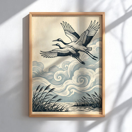Japanese art style poster featuring cranes flying among clouds and reeds