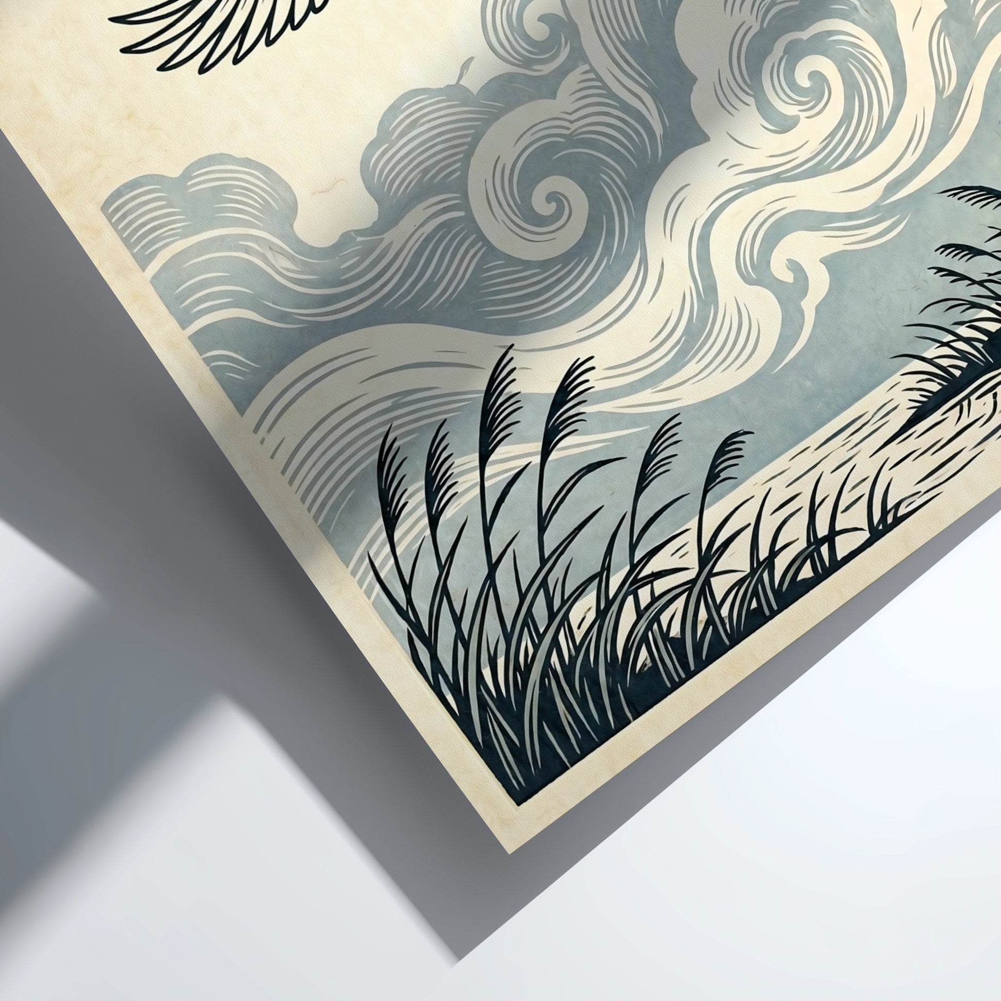Japanese art style poster featuring cranes flying among clouds and reeds