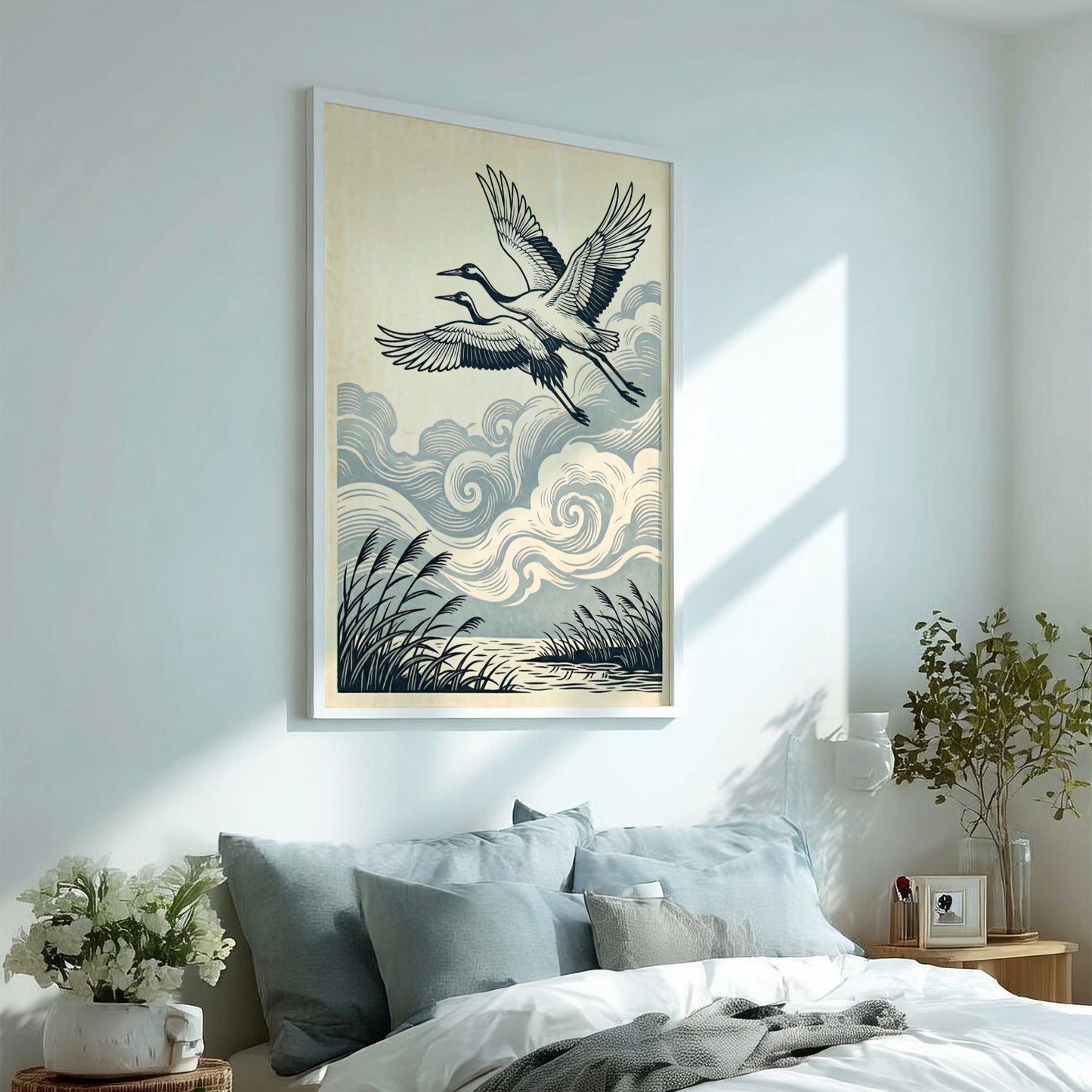 Japanese art style poster featuring cranes flying among clouds and reeds