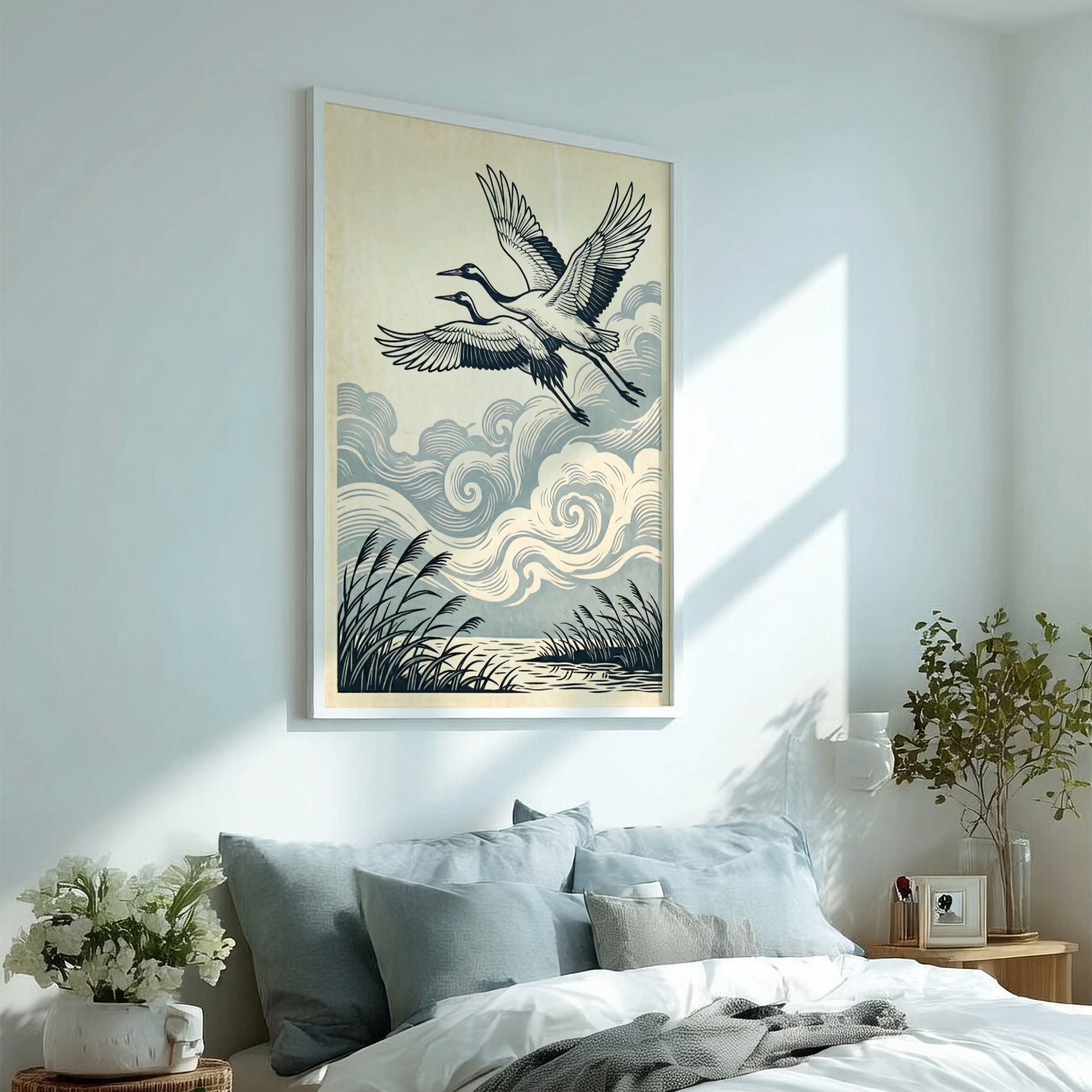 Japanese art style poster featuring cranes flying among clouds and reeds