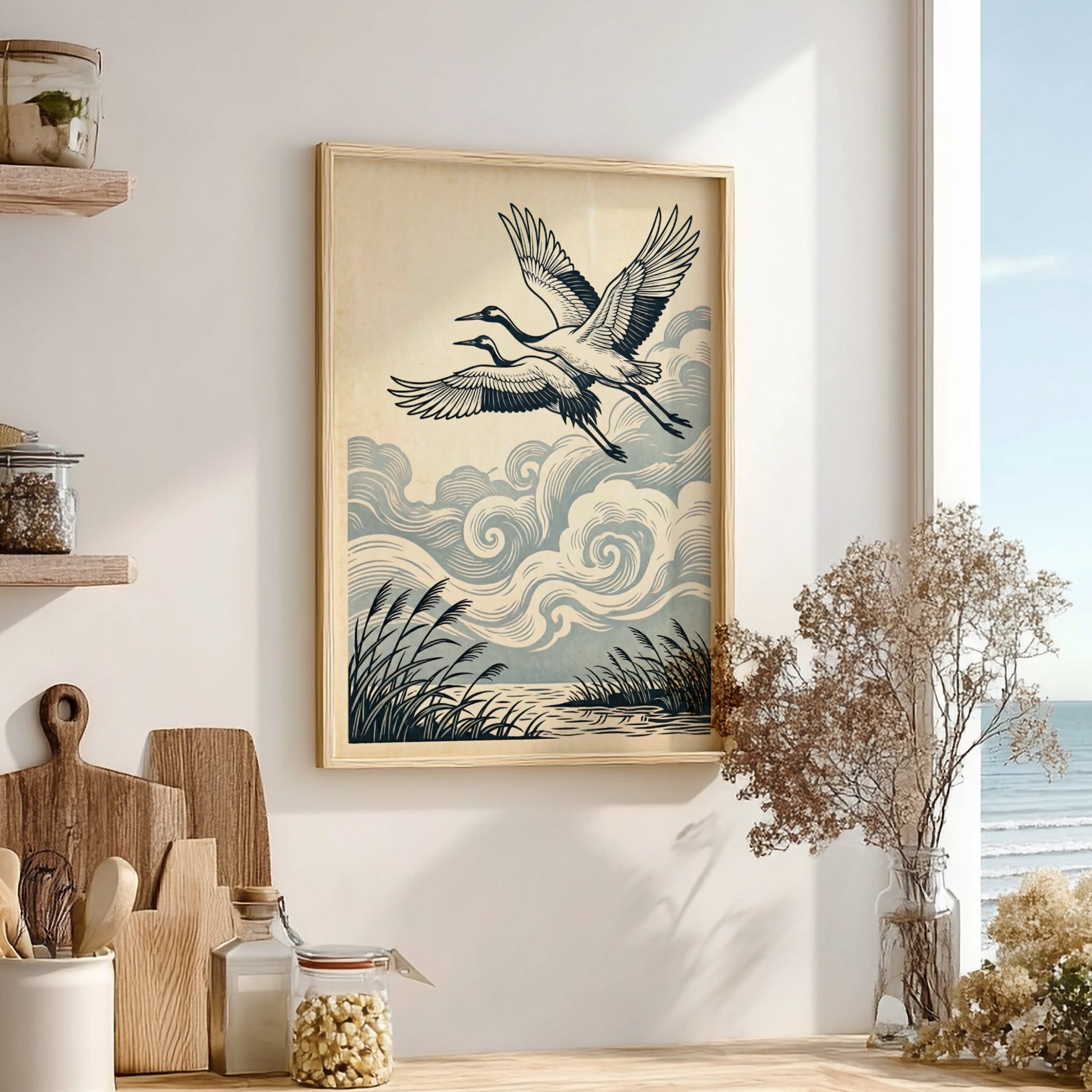 Japanese art style poster featuring cranes flying among clouds and reeds