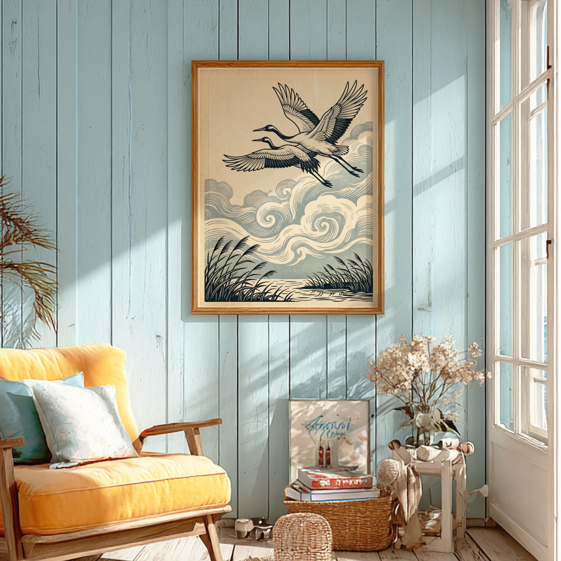 Japanese art style poster featuring cranes flying among clouds and reeds