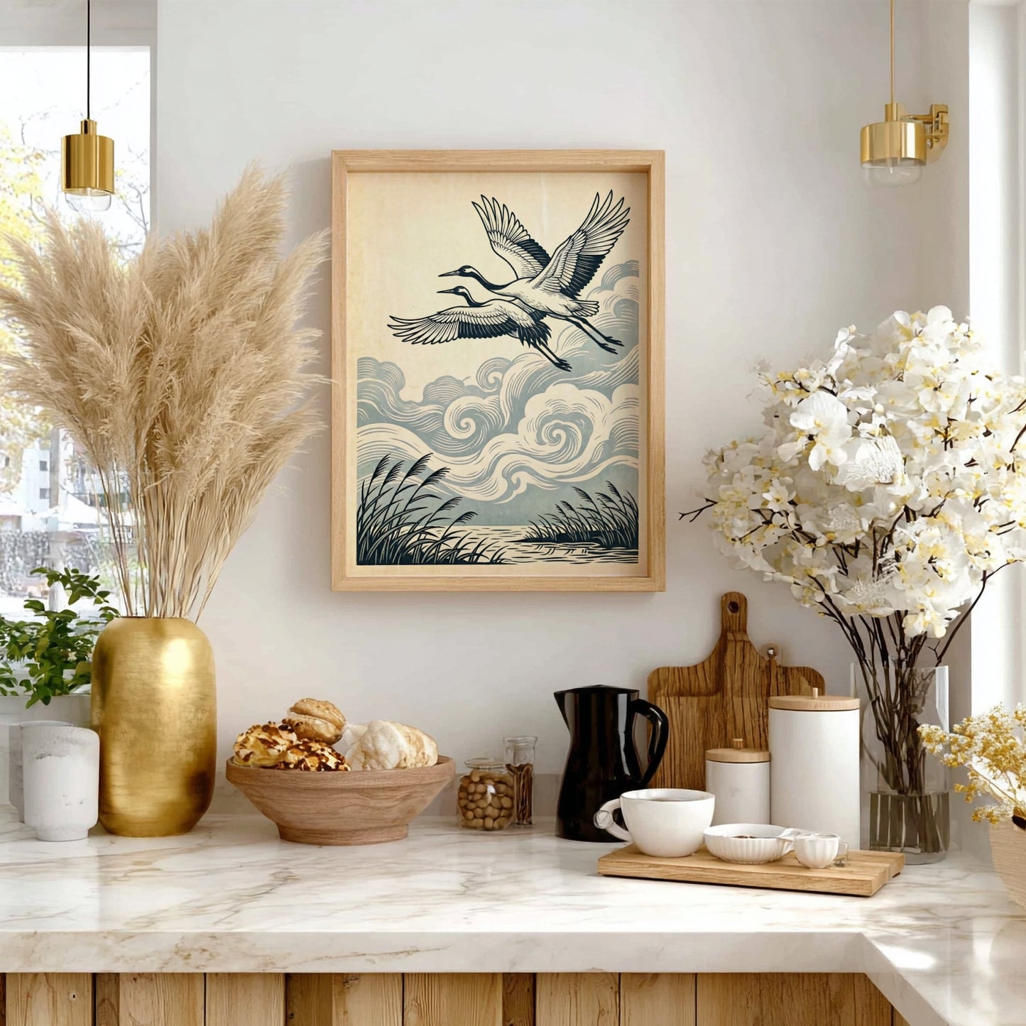 Japanese art style poster featuring cranes flying among clouds and reeds
