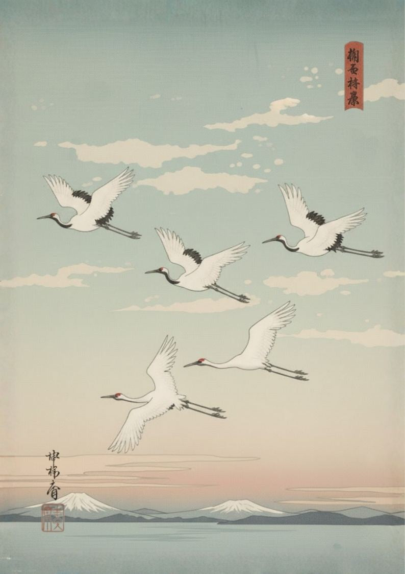 Flying Cranes Poster – Japanese Landscape Print