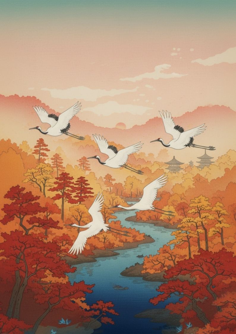 Autumn Cranes Poster – Vintage Japanese Art Print