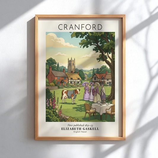 Poster featuring a Victorian village scene with women having tea and a cow
