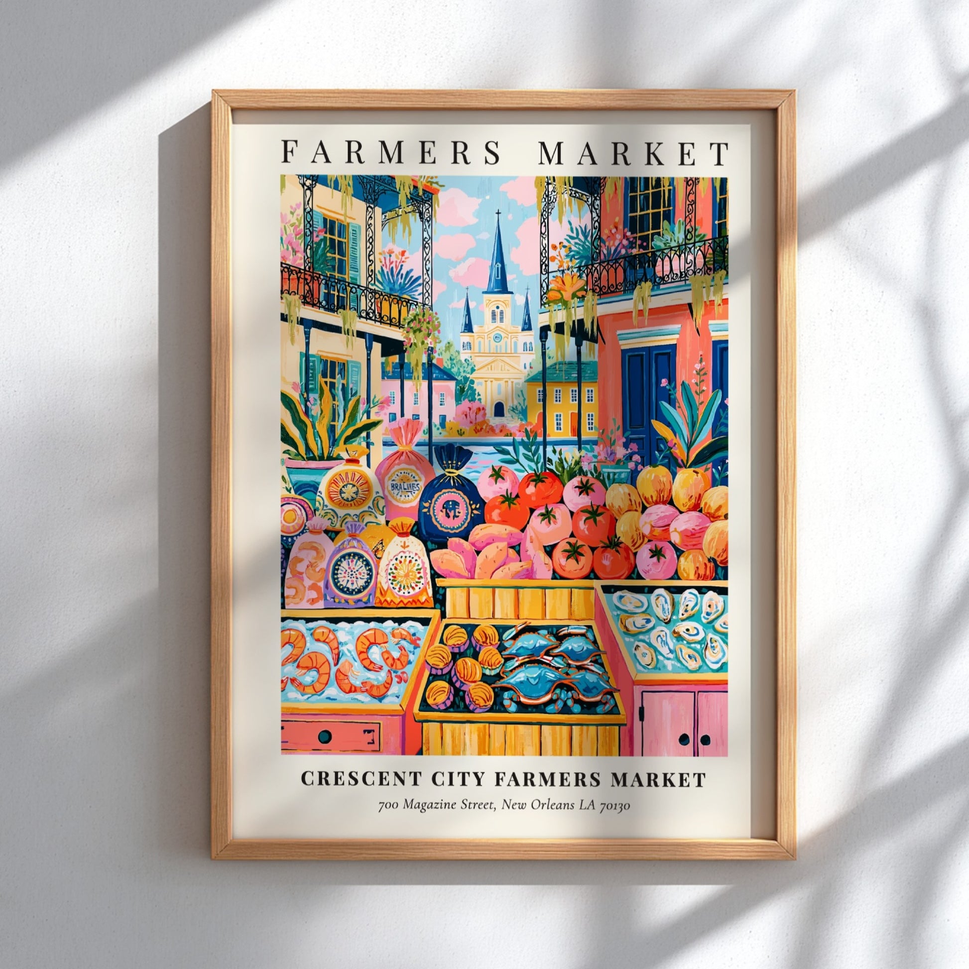 Crescent City Farmers Market poster featuring colorful produce and New Orleans architecture in a vibrant style