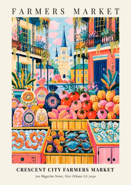 Crescent City Farmers Market poster featuring colorful produce and New Orleans architecture in a vibrant style