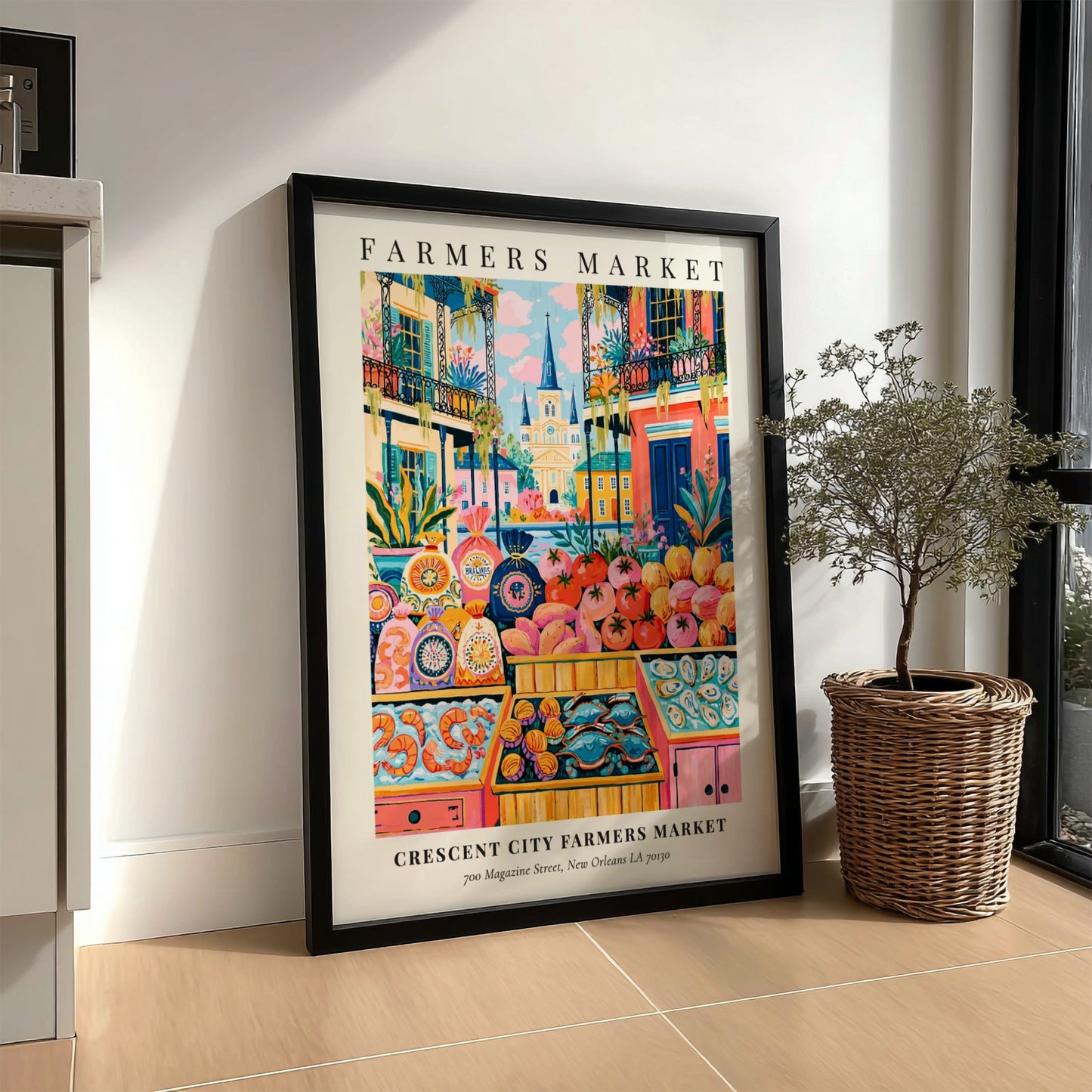 Crescent City Farmers Market poster featuring colorful produce and New Orleans architecture in a vibrant style