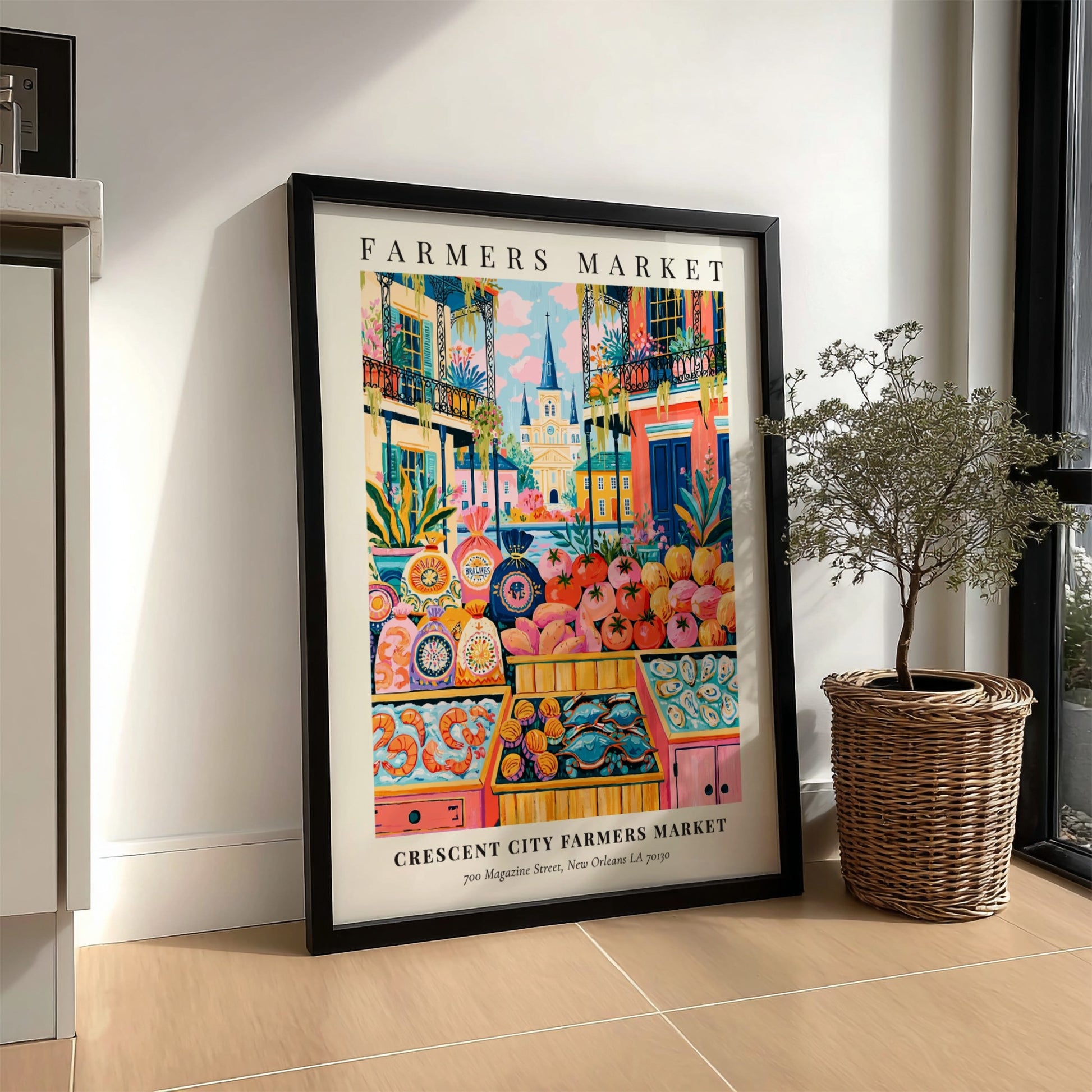 Crescent City Farmers Market poster featuring colorful produce and New Orleans architecture in a vibrant style