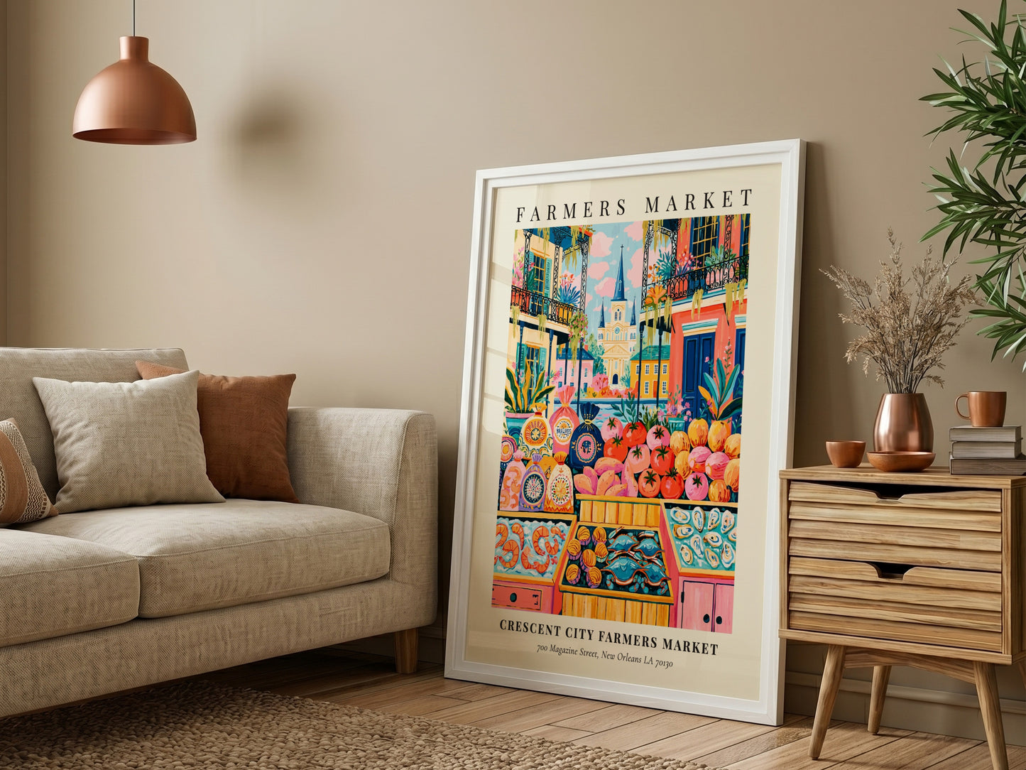 Crescent City Farmers Market poster featuring colorful produce and New Orleans architecture in a vibrant style