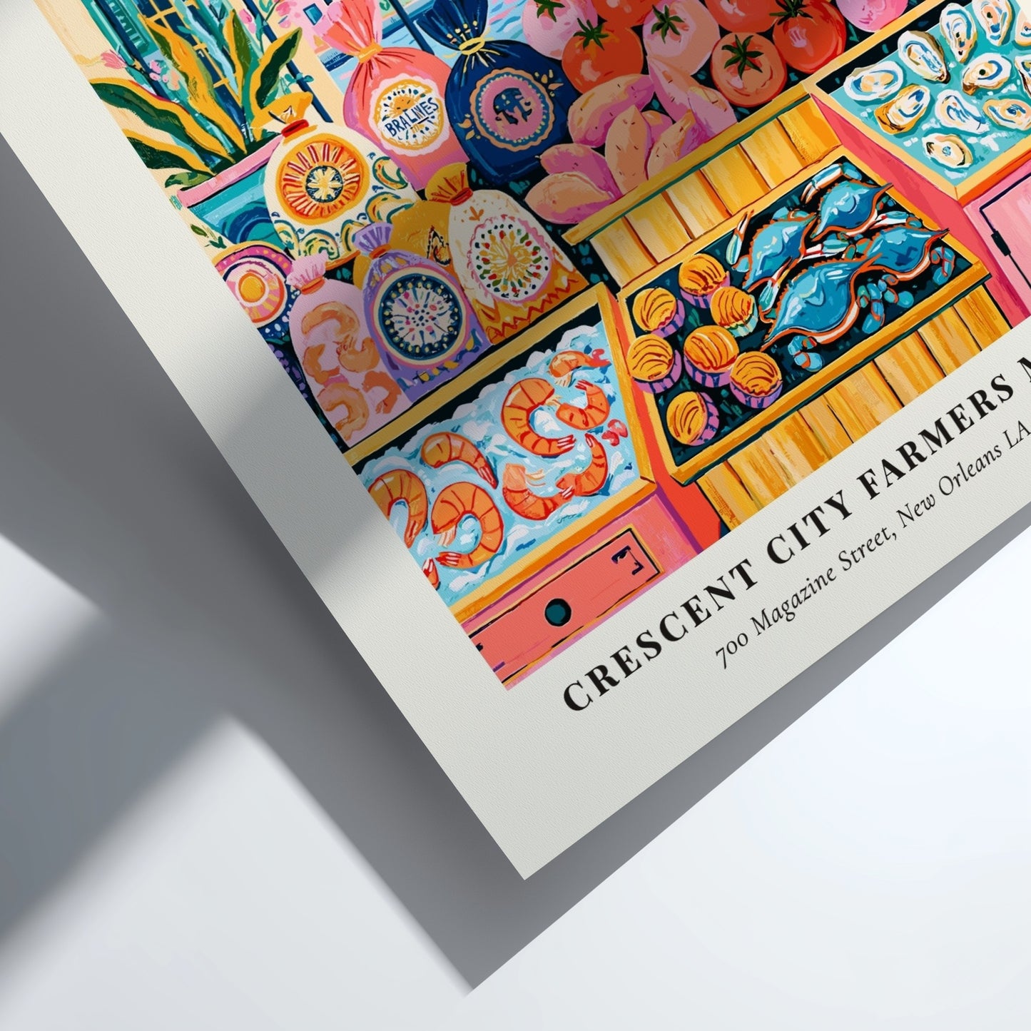 Crescent City Farmers Market poster featuring colorful produce and New Orleans architecture in a vibrant style