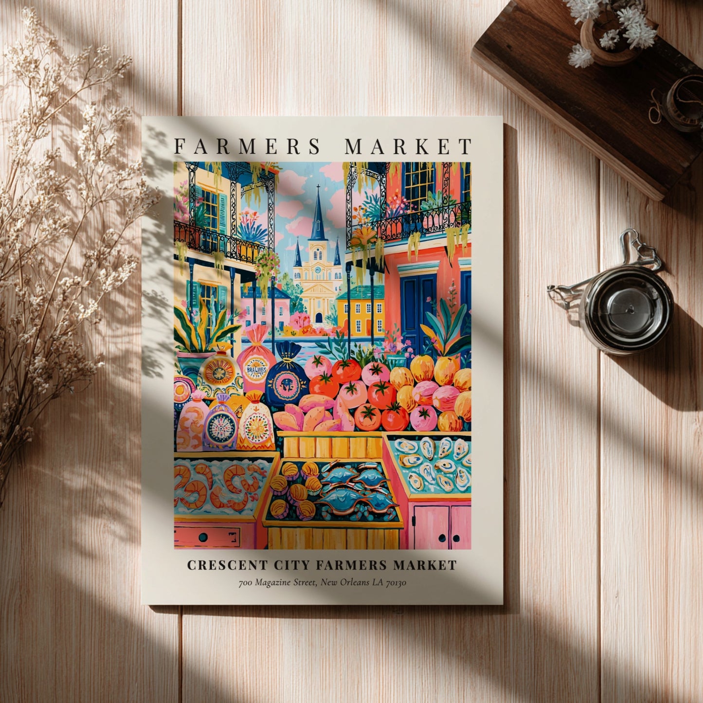 Crescent City Farmers Market poster featuring colorful produce and New Orleans architecture in a vibrant style