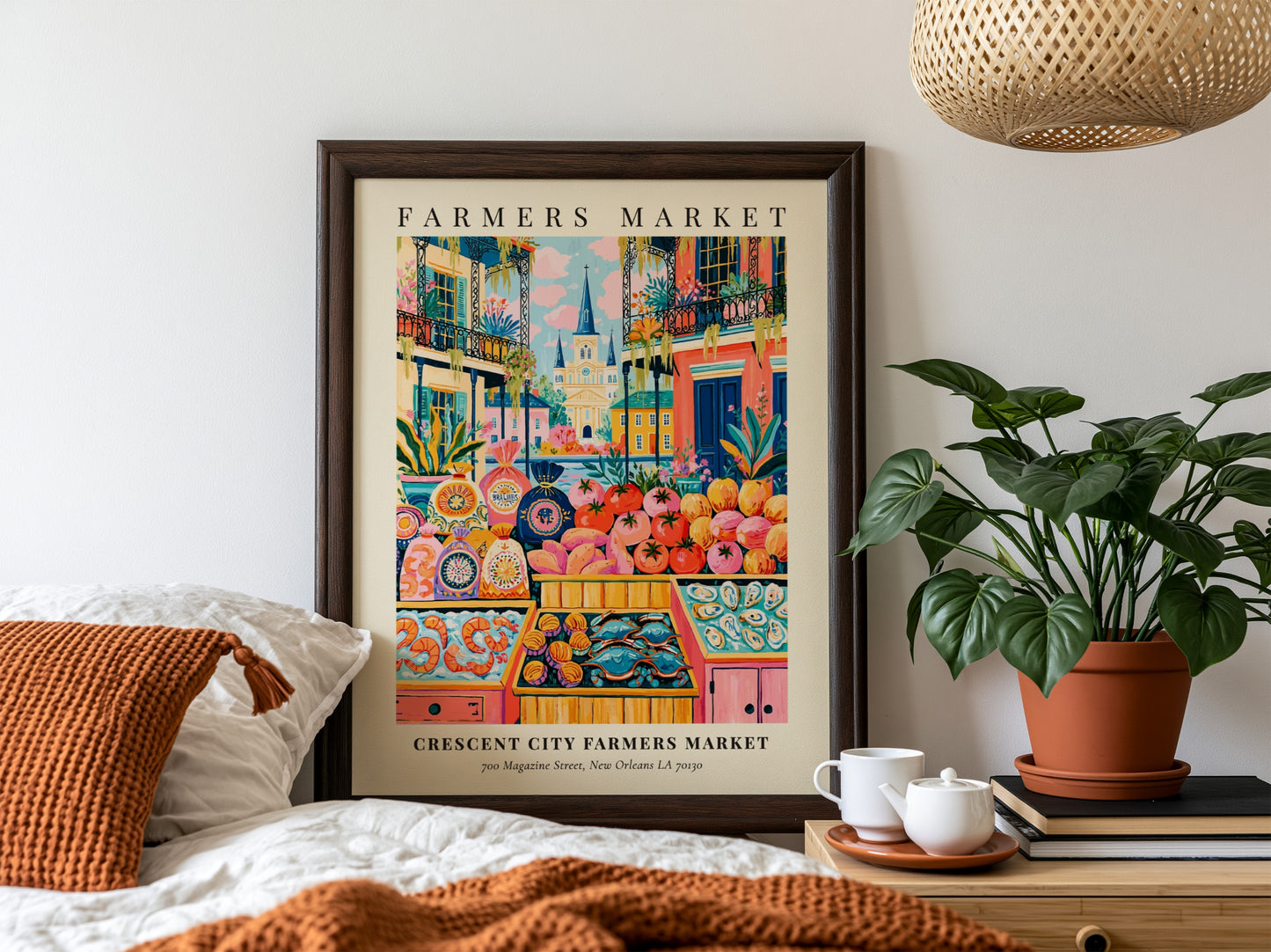 Crescent City Farmers Market poster featuring colorful produce and New Orleans architecture in a vibrant style