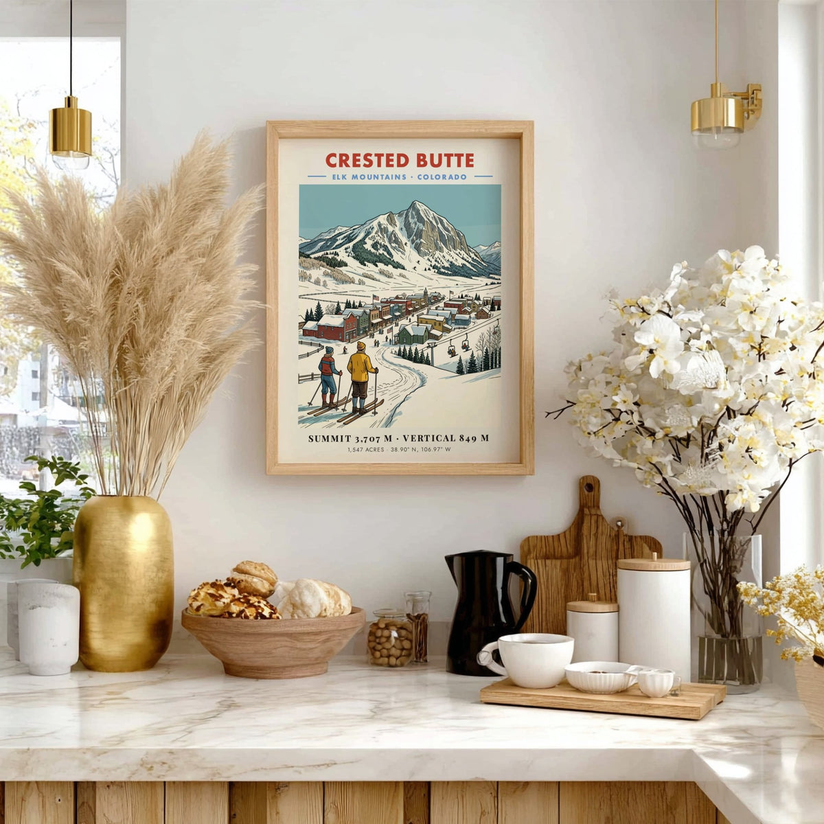 Poster of Crested Butte, Colorado featuring skiers looking at a snow-covered mountain town.