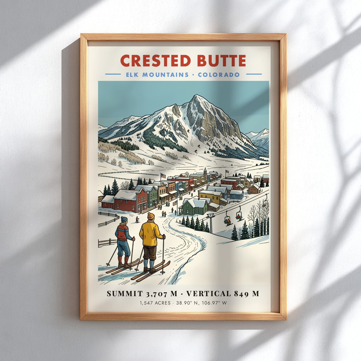 Poster of Crested Butte, Colorado featuring skiers looking at a snow-covered mountain town.