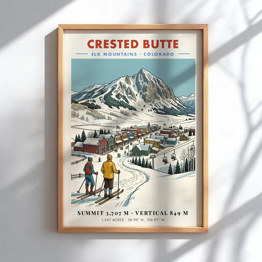 Poster of Crested Butte, Colorado featuring skiers looking at a snow-covered mountain town.