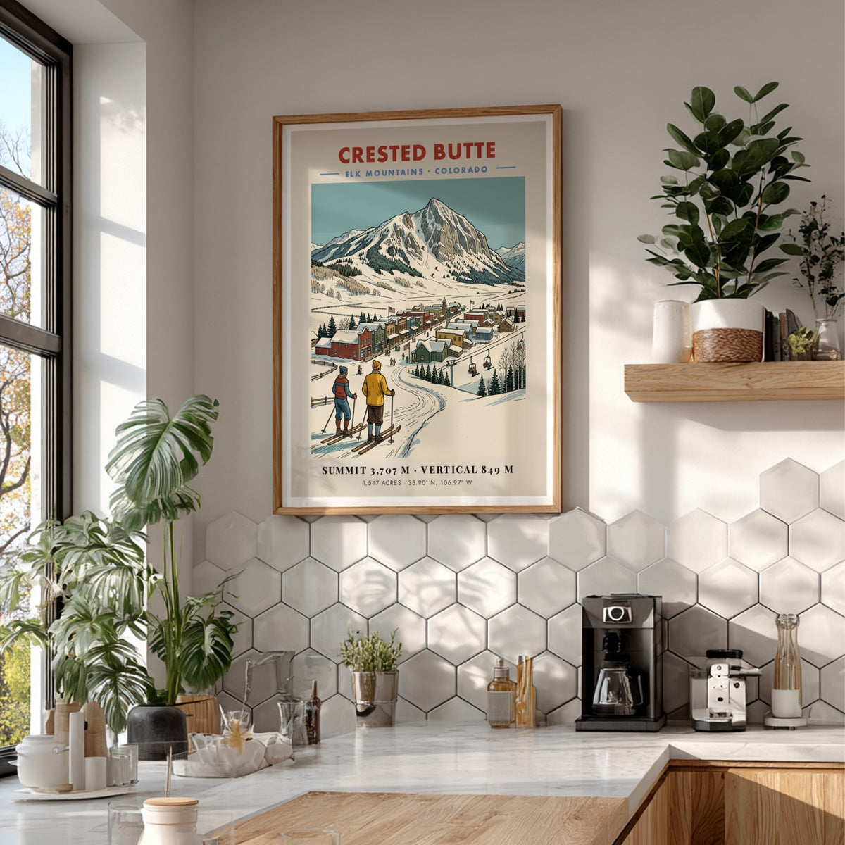 Poster of Crested Butte, Colorado featuring skiers looking at a snow-covered mountain town.