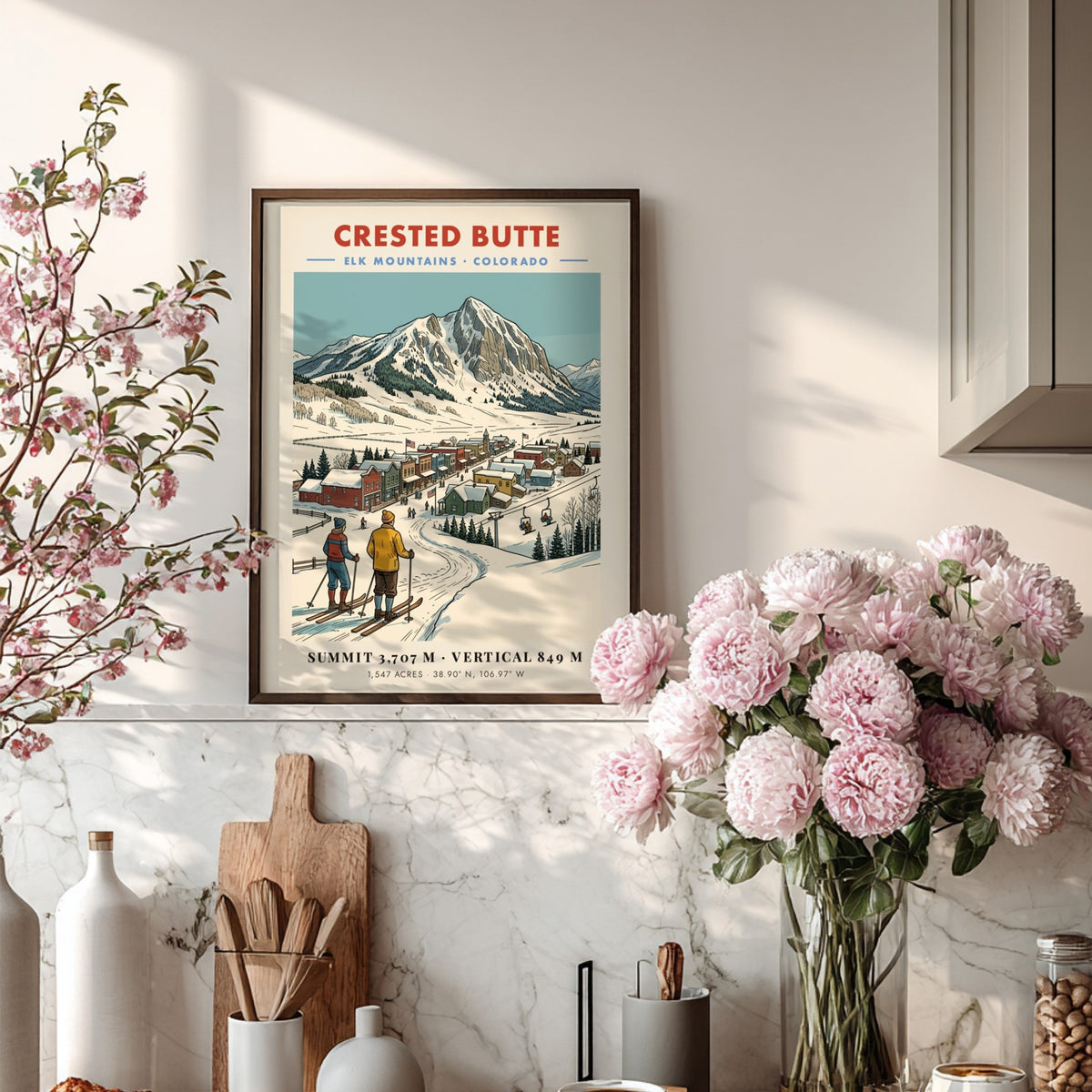 Poster of Crested Butte, Colorado featuring skiers looking at a snow-covered mountain town.