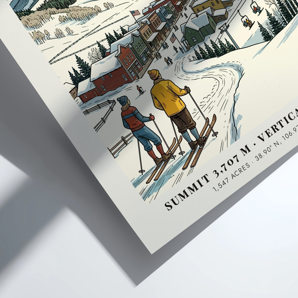 Poster of Crested Butte, Colorado featuring skiers looking at a snow-covered mountain town.