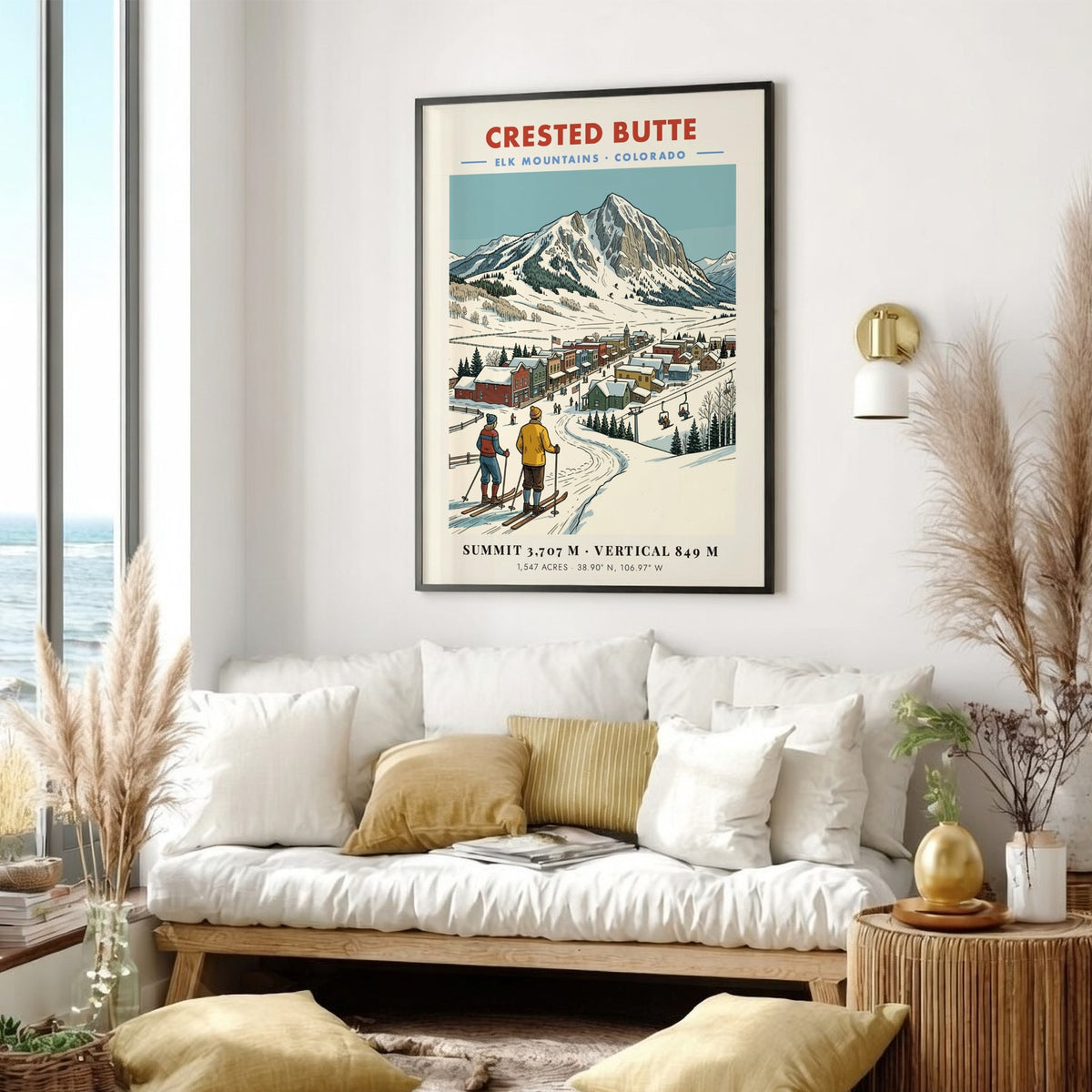 Poster of Crested Butte, Colorado featuring skiers looking at a snow-covered mountain town.