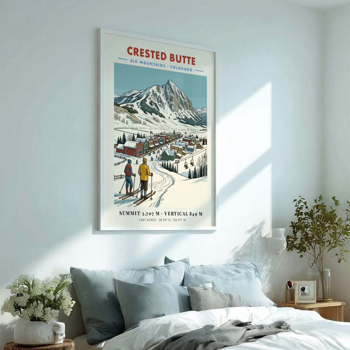 Poster of Crested Butte, Colorado featuring skiers looking at a snow-covered mountain town.