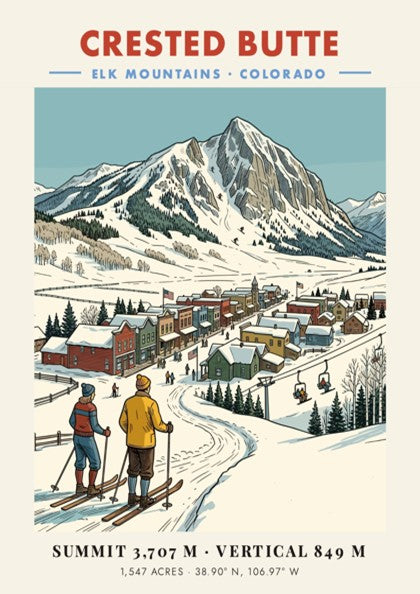 Poster of Crested Butte, Colorado featuring skiers looking at a snow-covered mountain town.