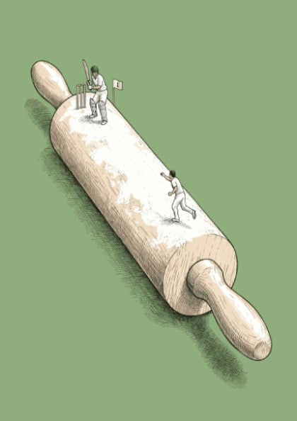 Poster featuring cricket players on a wooden rolling pin against sage green background