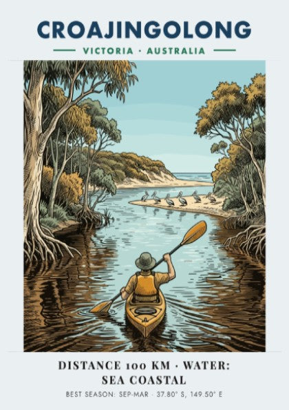 Poster featuring a person kayaking through Croajingolong, Victoria, with pelicans on a beach.