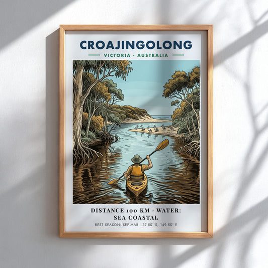 Poster featuring a person kayaking through Croajingolong, Victoria, with pelicans on a beach.