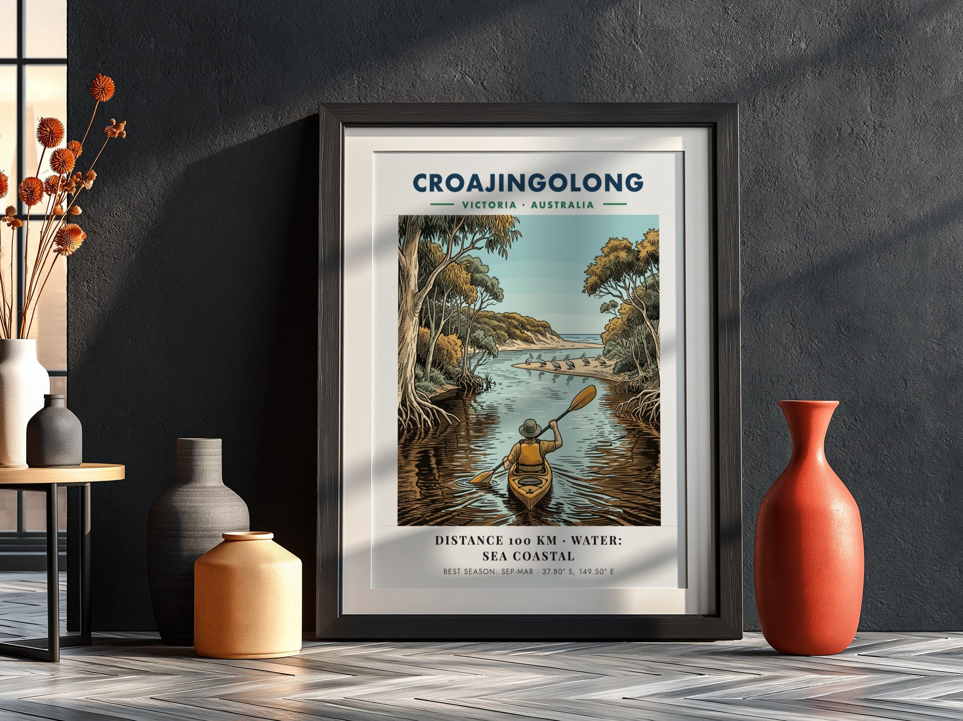 Poster featuring a person kayaking through Croajingolong, Victoria, with pelicans on a beach.