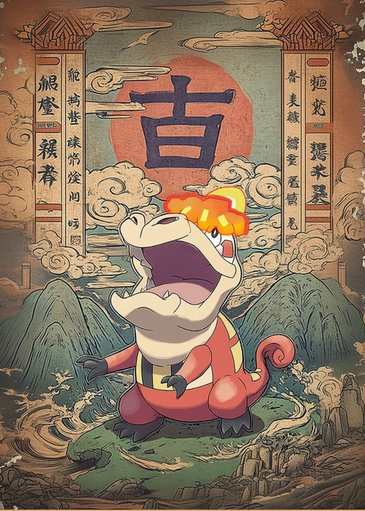 Crocalor Pokemon character with a fiery expression in a traditional Japanese setting with mountains and a large '吉' character.