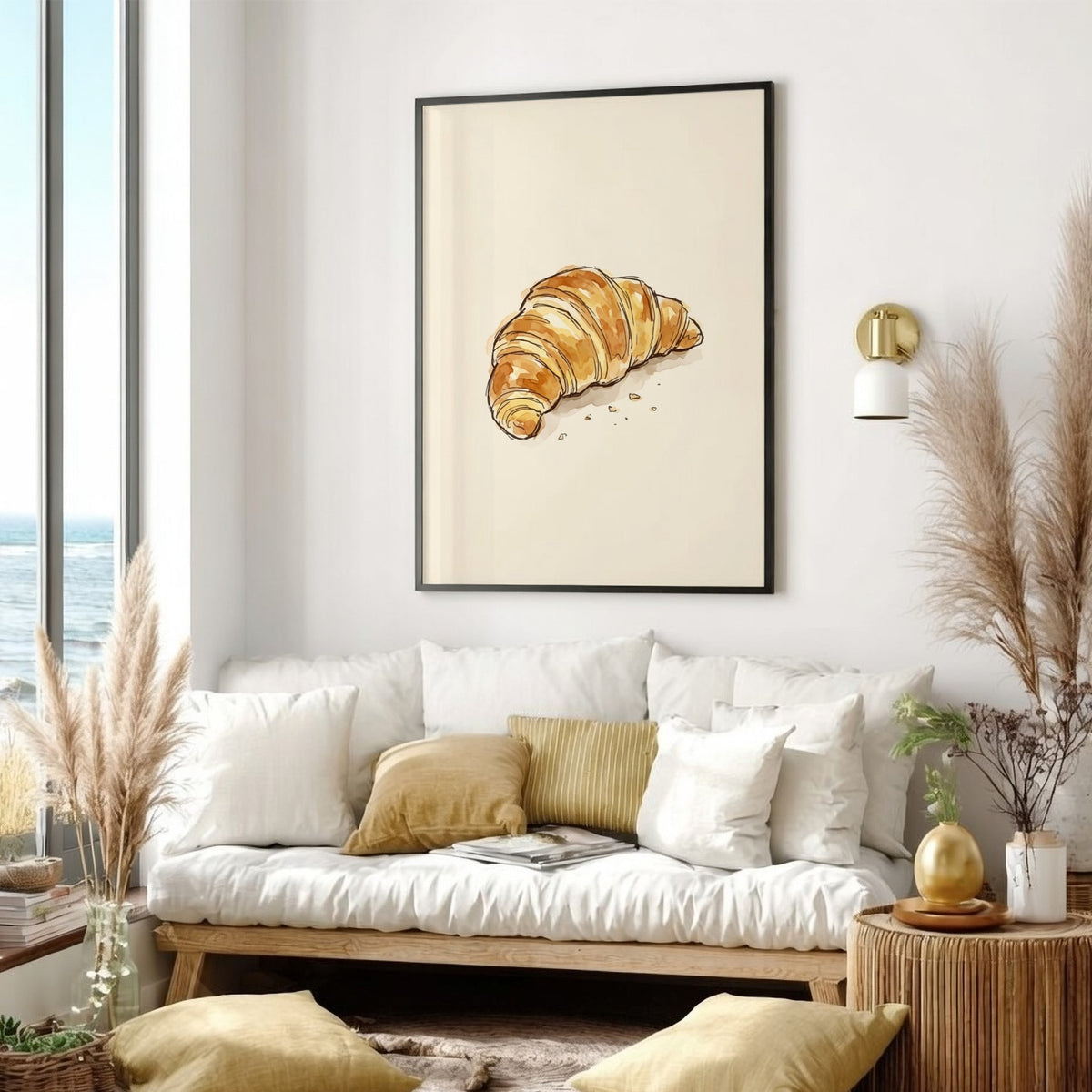 Poster featuring a detailed watercolour illustration of a golden flaky croissant on cream background