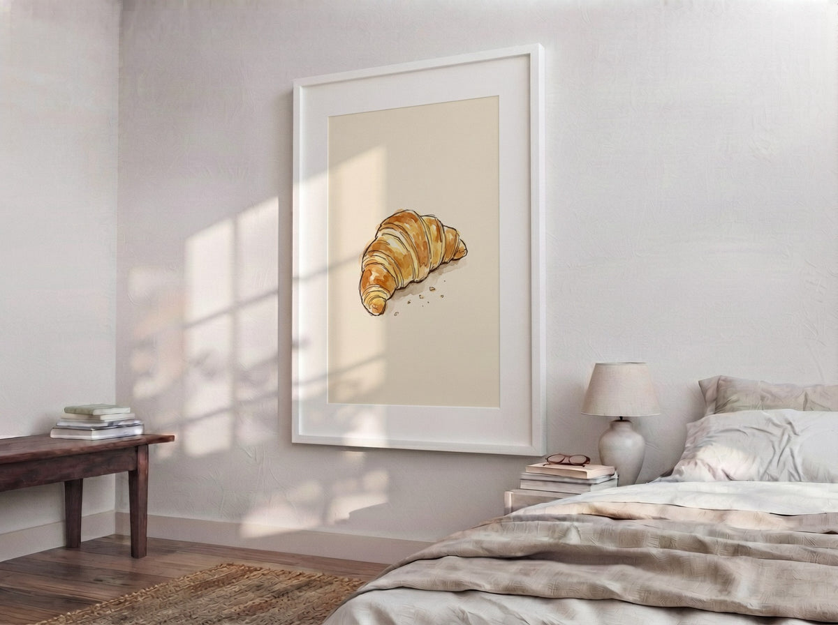 Poster featuring a detailed watercolour illustration of a golden flaky croissant on cream background