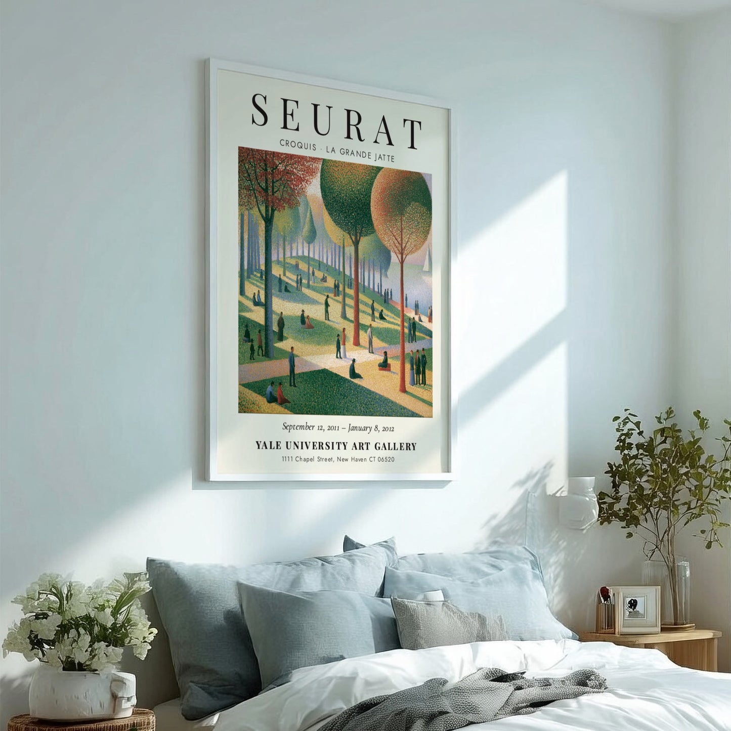 Seurat exhibition poster featuring Croquis La Grande Jatte with vibrant colors and serene park scene