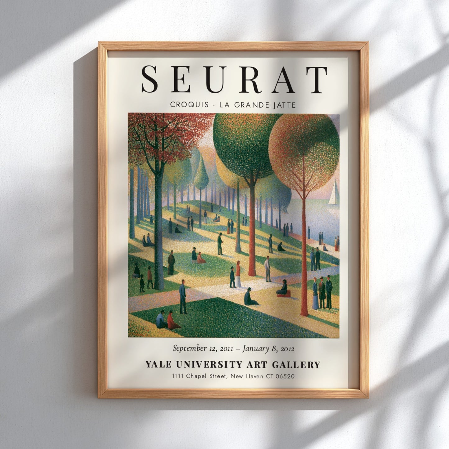 Seurat exhibition poster featuring Croquis La Grande Jatte with vibrant colors and serene park scene