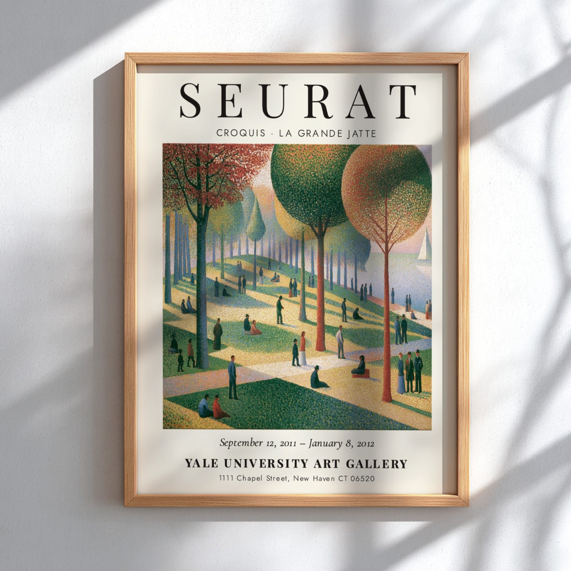 Seurat exhibition poster featuring Croquis La Grande Jatte with vibrant colors and serene park scene